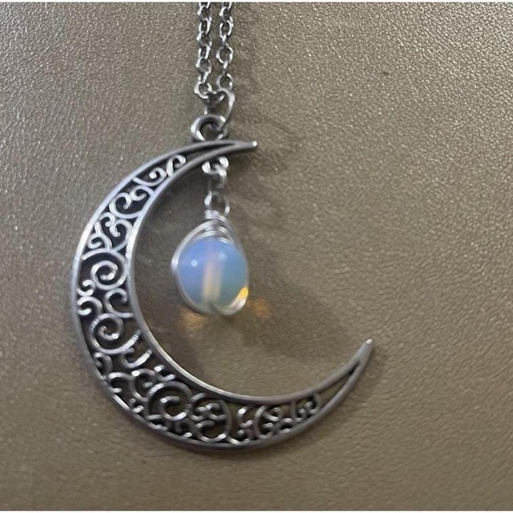 Cresent Moon Pendant 1.5" w/ Chain w/Healing Blue Stone Necklace Silver Tone